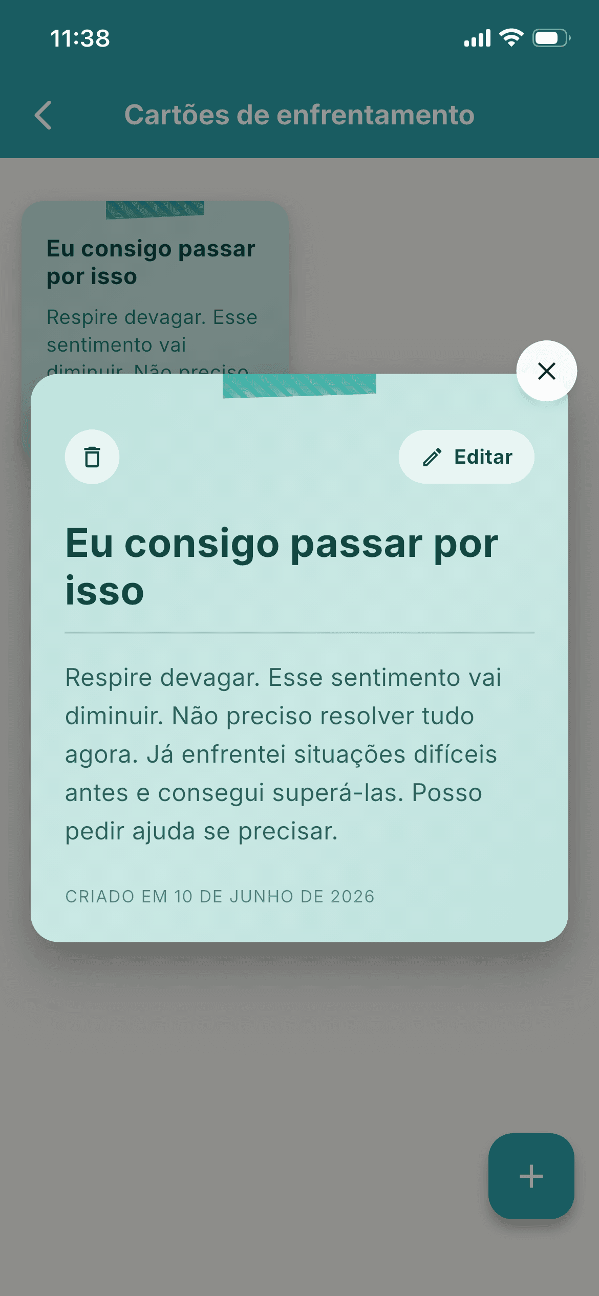 Tela de cartões de enfrentamento do app EugenioLab