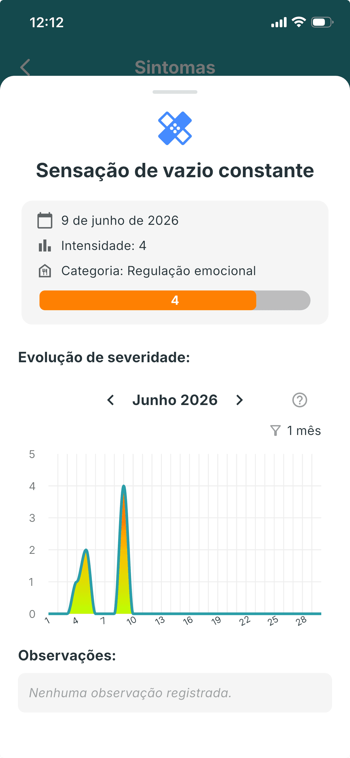 Tela de registro de sintomas do app EugenioLab